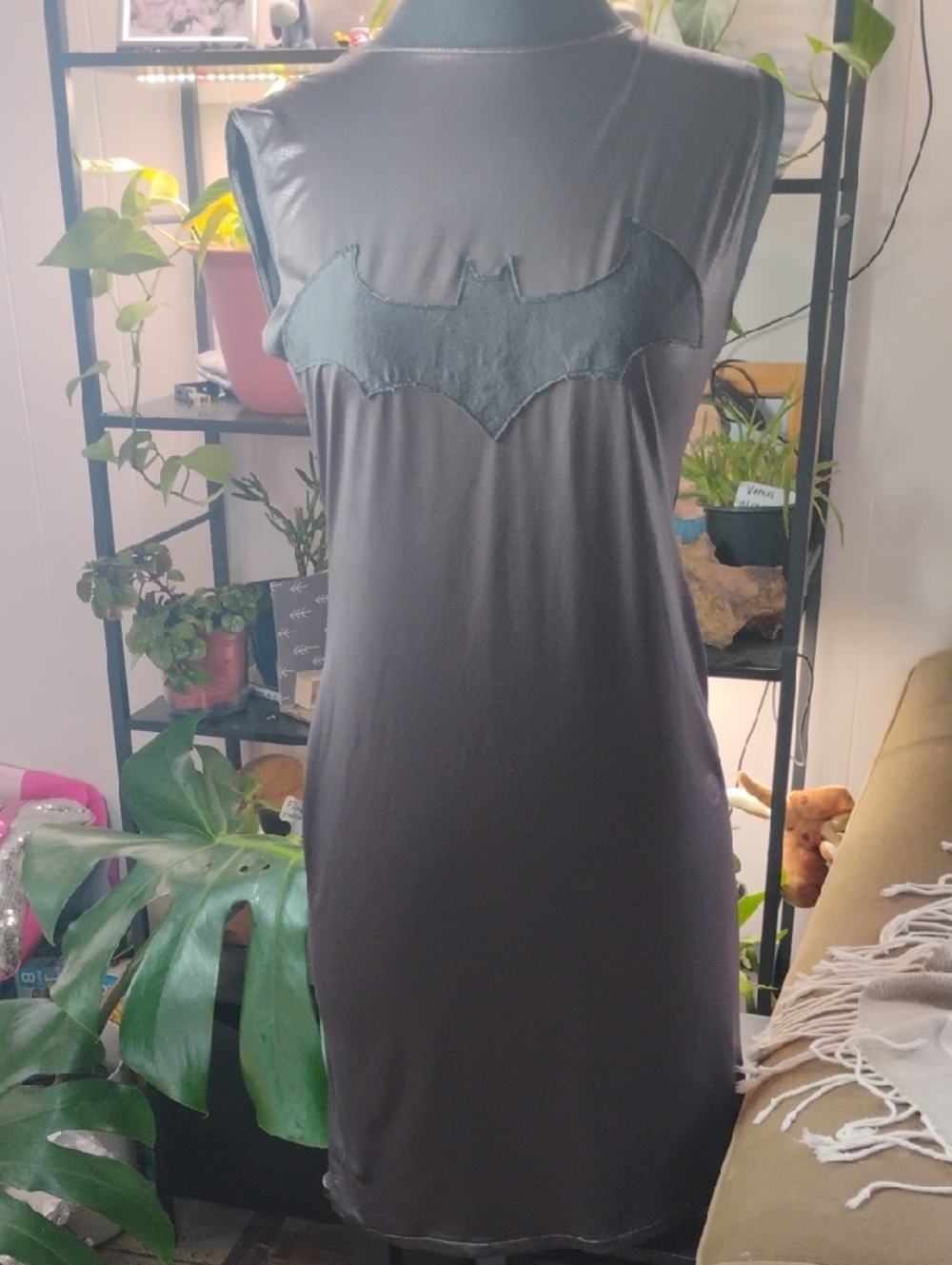 Women's Small Black Bat-Emblem Flattering Shiny Dress